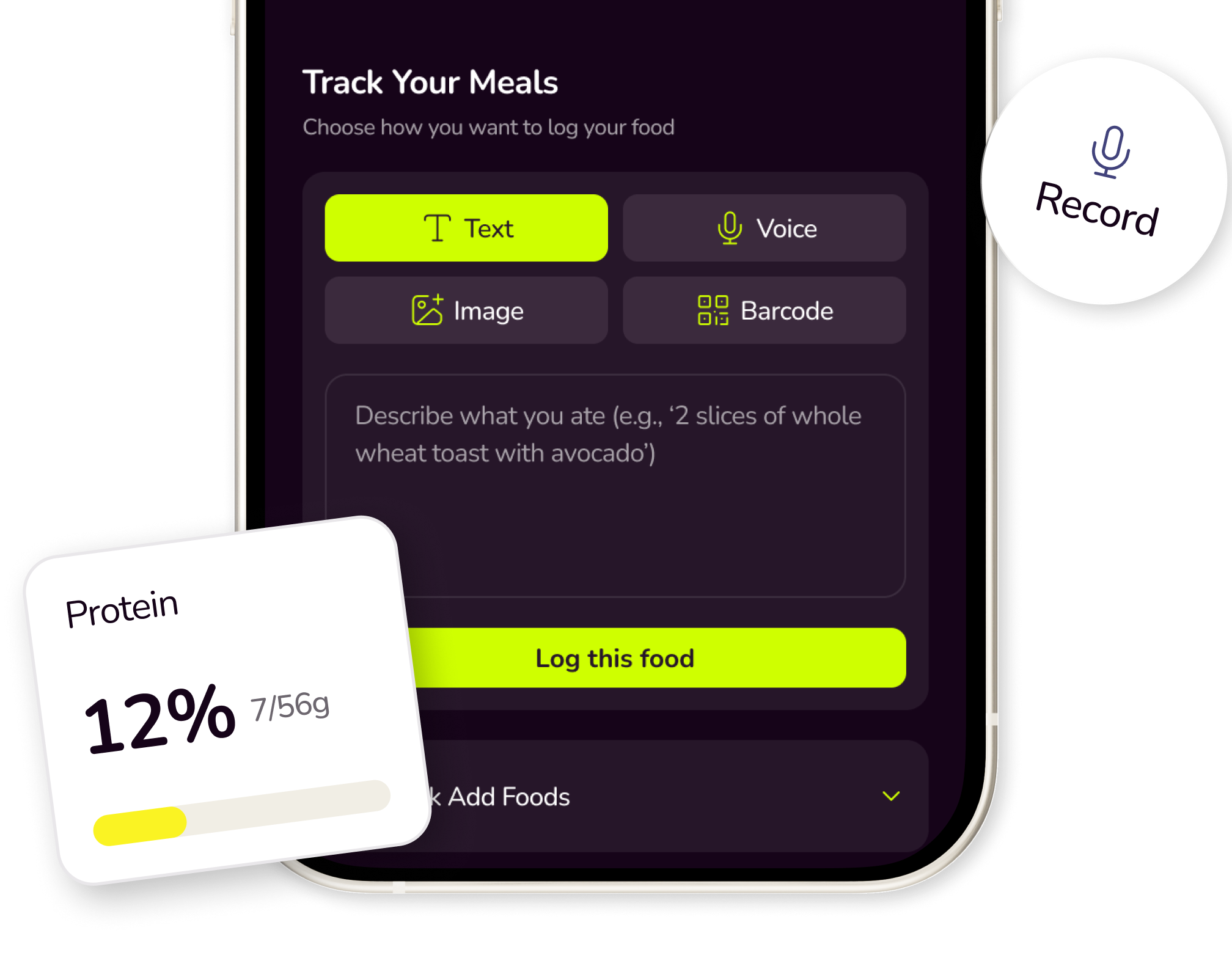 Mobile app screen for tracking meals with options to log food by text, voice, image, or barcode, and a Protein intake progress widget showing 12%.