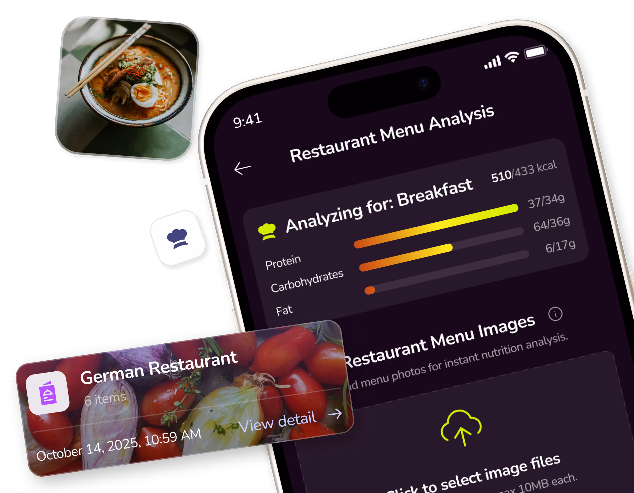 Mobile screen showing a recipe suggestion app with dinner recipe ideas, nutritional info, dietary preference set to vegetarian, and a Paneer and Chickpea Korma with Brown Rice recipe card, plus images of sandwich and wrap dishes.