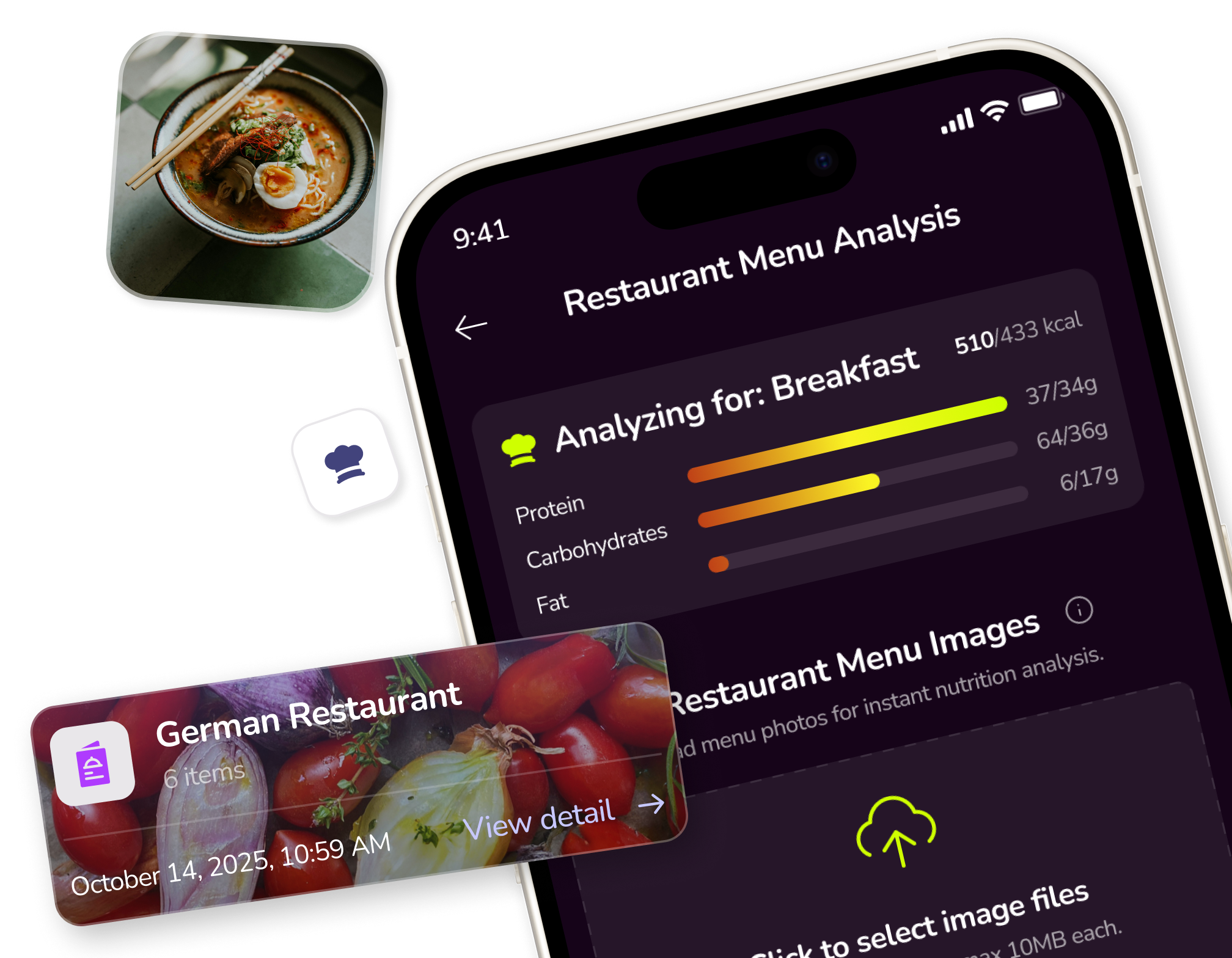 Mobile screen showing a recipe suggestion app with dinner recipe ideas, nutritional info, dietary preference set to vegetarian, and a Paneer and Chickpea Korma with Brown Rice recipe card, plus images of sandwich and wrap dishes.