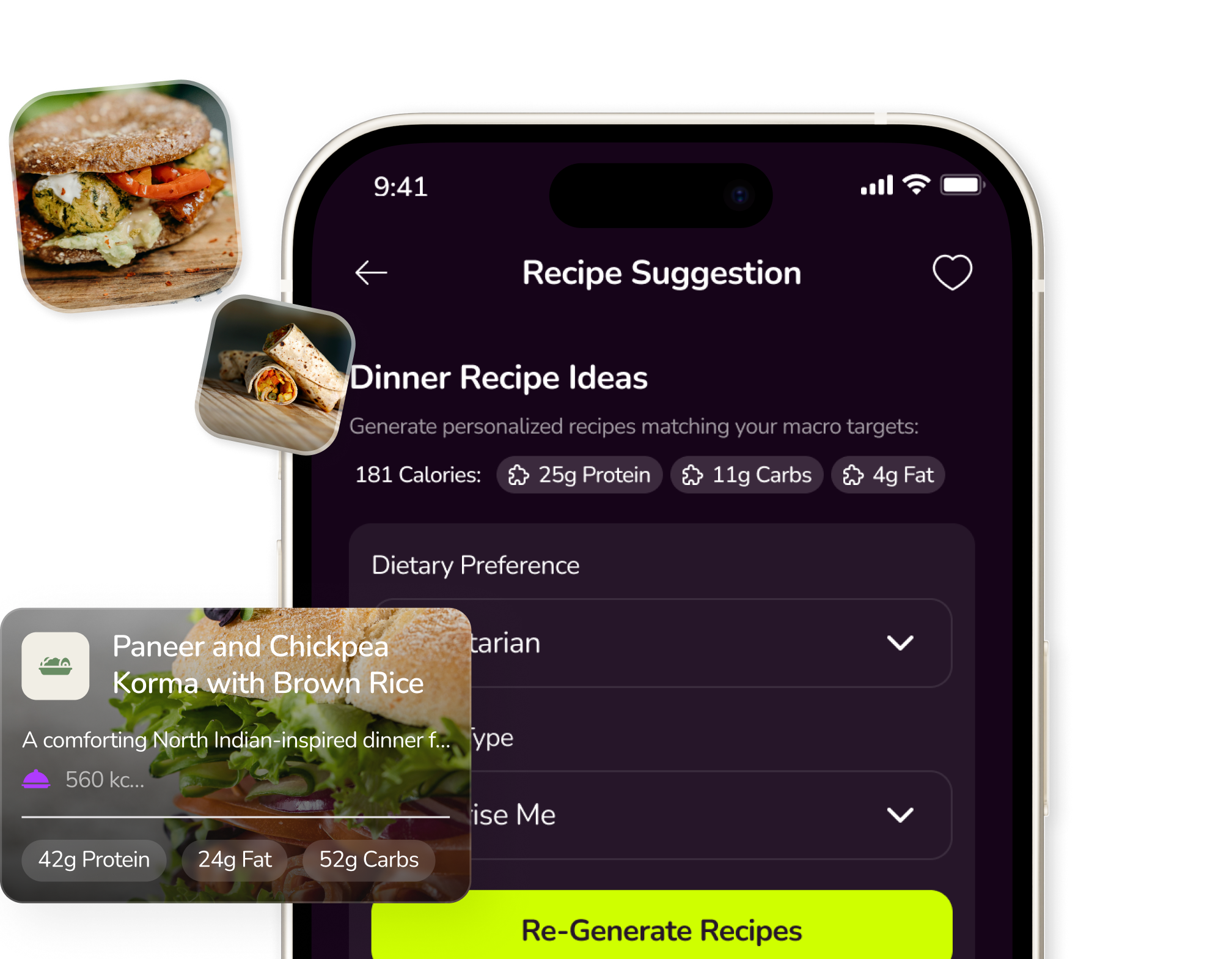 Smartphone screen showing a restaurant menu analysis app with nutrient bars for protein, carbohydrates, and fat, alongside images of a German restaurant's food and a bowl of noodles with chopsticks.