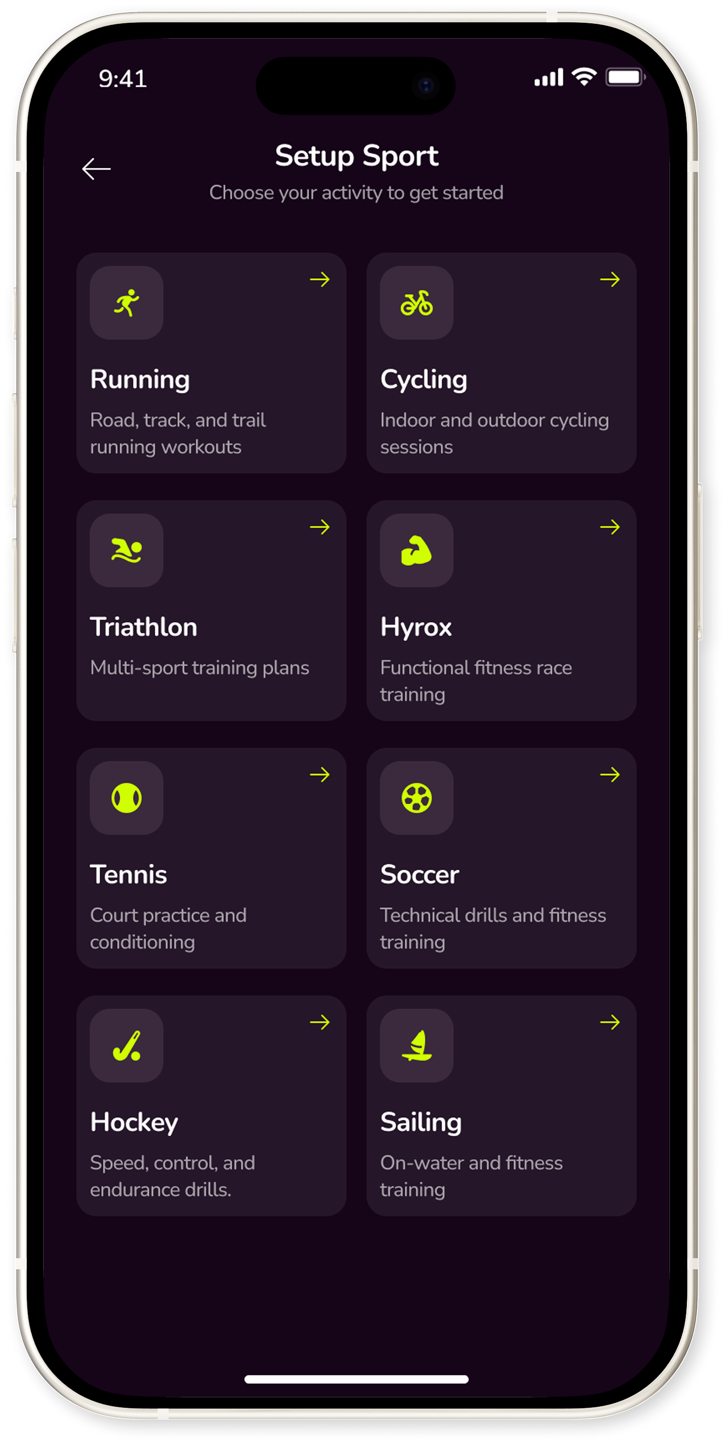Mobile app screen titled 'Setup Sport' displaying options for sports activities including Running, Cycling, Triathlon, Hyrox, Tennis, Soccer, Hockey, and Sailing, each with a brief description.