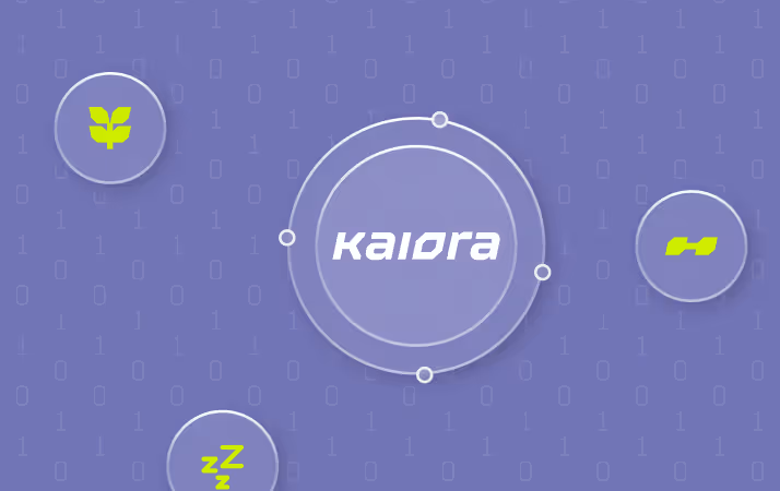 Purple background with white binary digits and circular graphics centered around the word 'Kaiora' in white, with neon green icons inside smaller circles nearby.