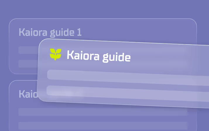 Three overlapping purple-tinted interface cards, with the top card showing a green leaf icon and the text 'Kaiora guide' in white.