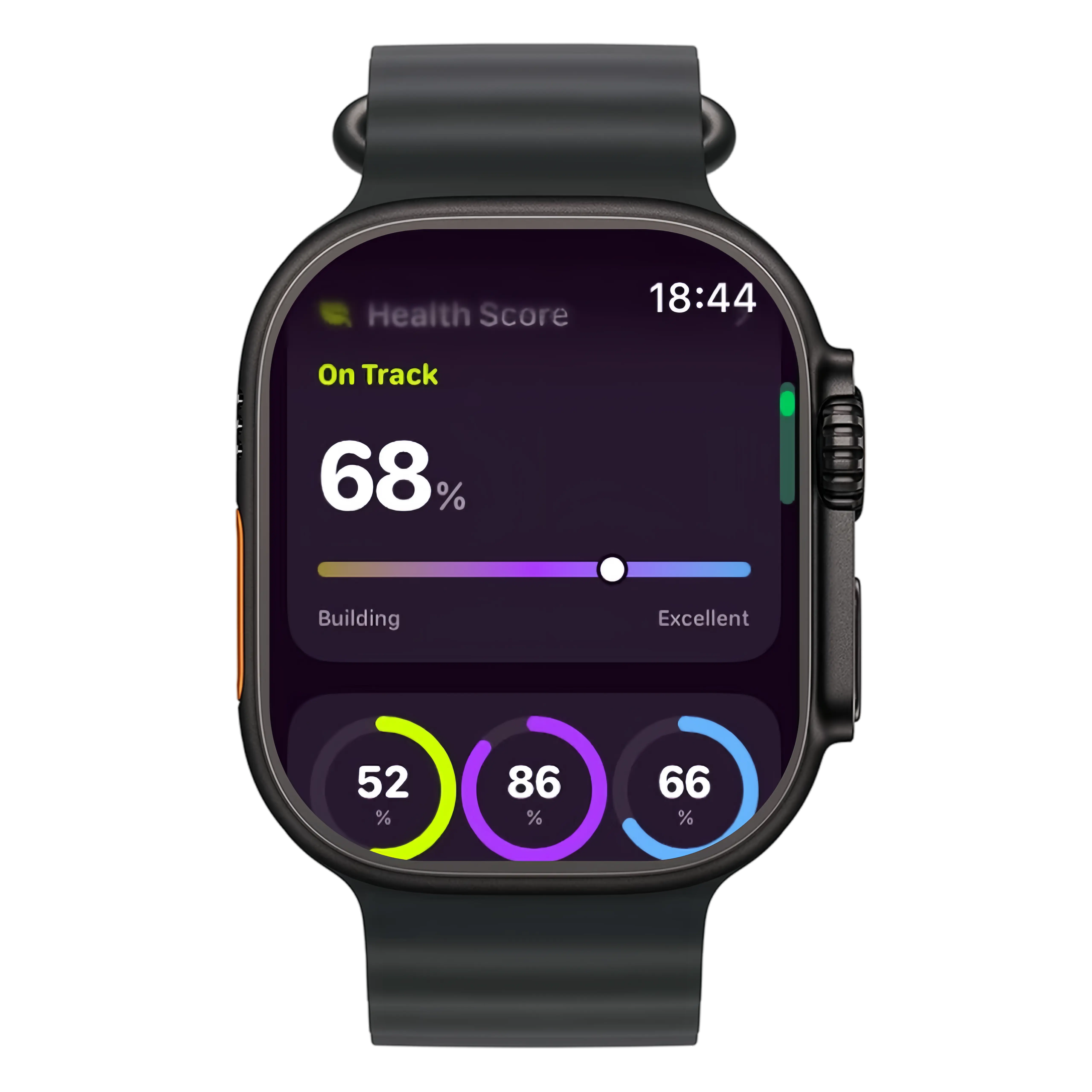 Mobile app screen showing health score 60%, activity insight, and nutrition, activity, sleep stats.