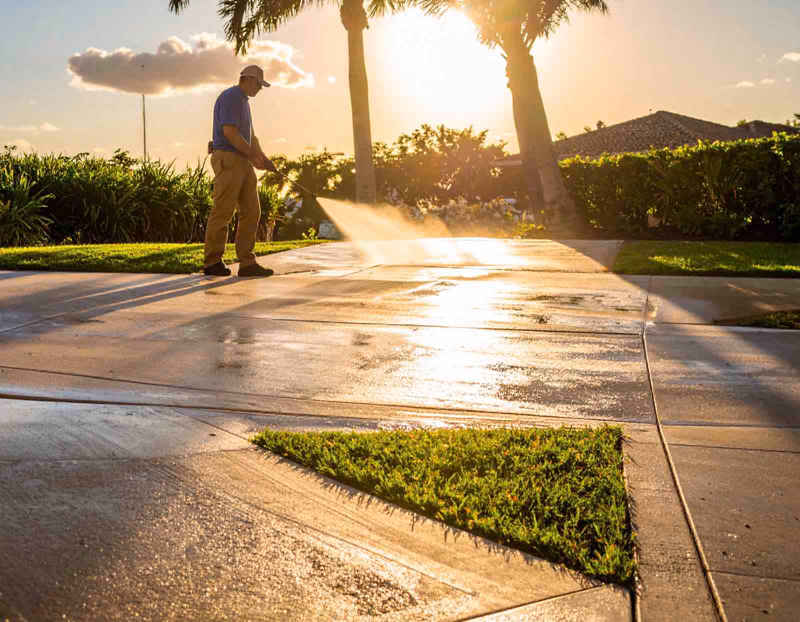 Ragin Cajun Soft Wash technician performing pressure washing Longwood on residential sidewalk and driveway