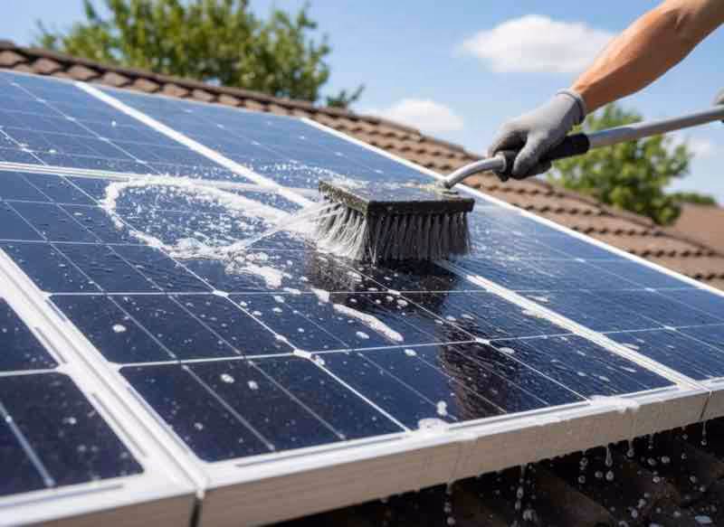 Close-up of solar panel pressure washing process using soft wash nozzle to eliminate Love Bug residue without damage