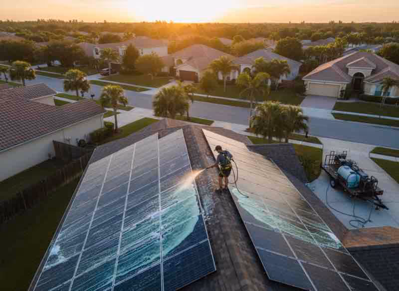 Solar panel pressure washing service using low-PSI soft wash system on residential rooftop array in Longwood