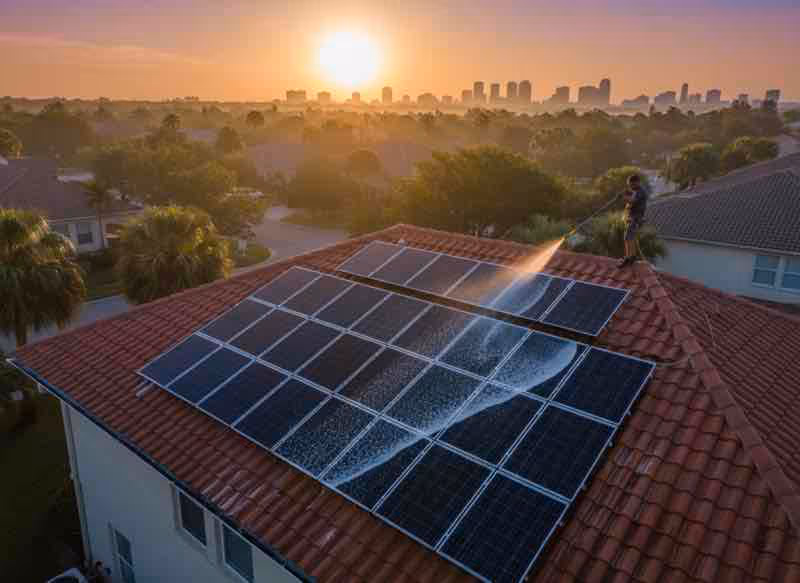 Technician performing safe solar panel pressure washing under 100 PSI to protect tempered glass and warranty