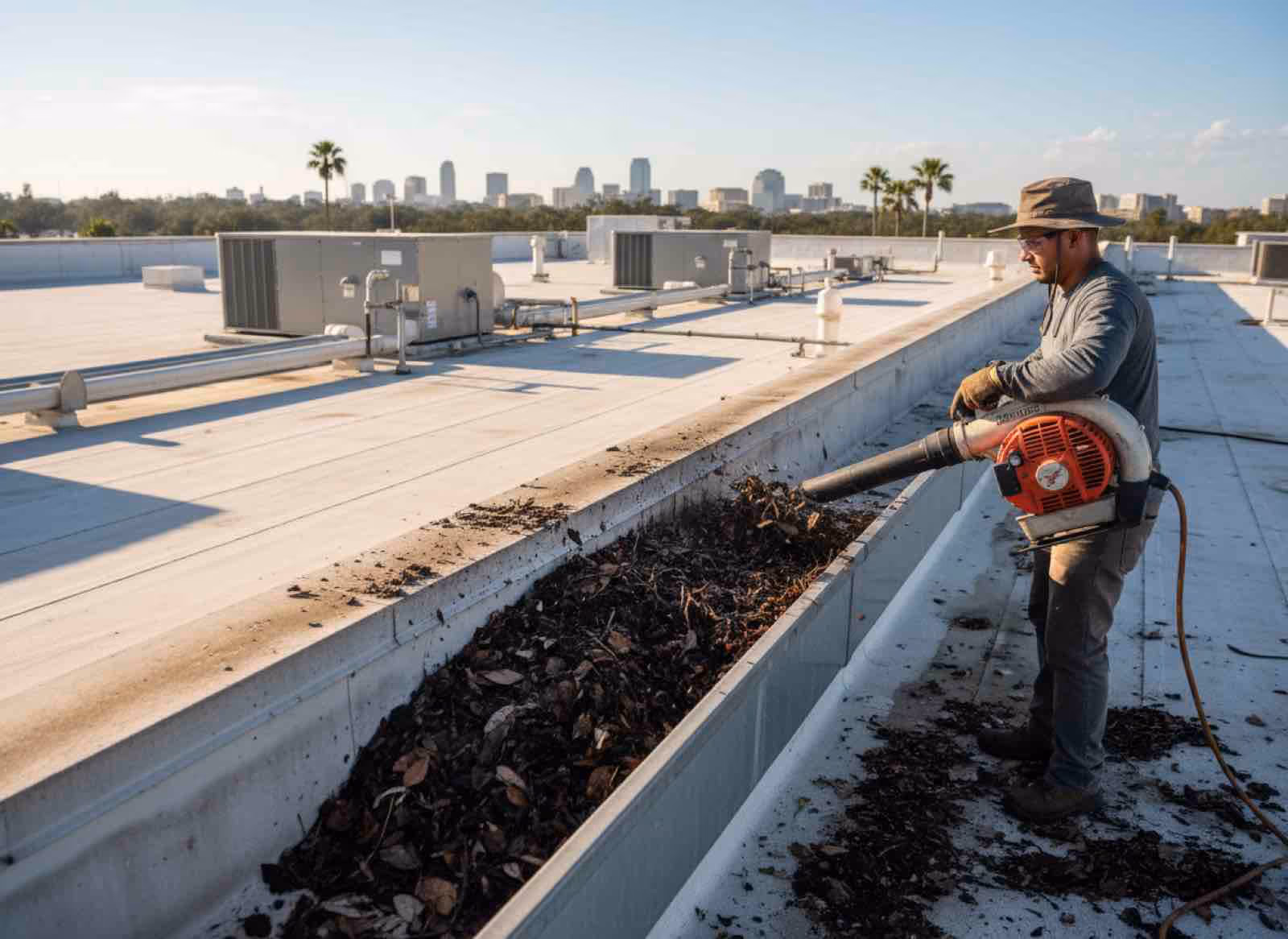 Professional commercial gutter cleaning at retail plaza removing debris from multi-tenant property