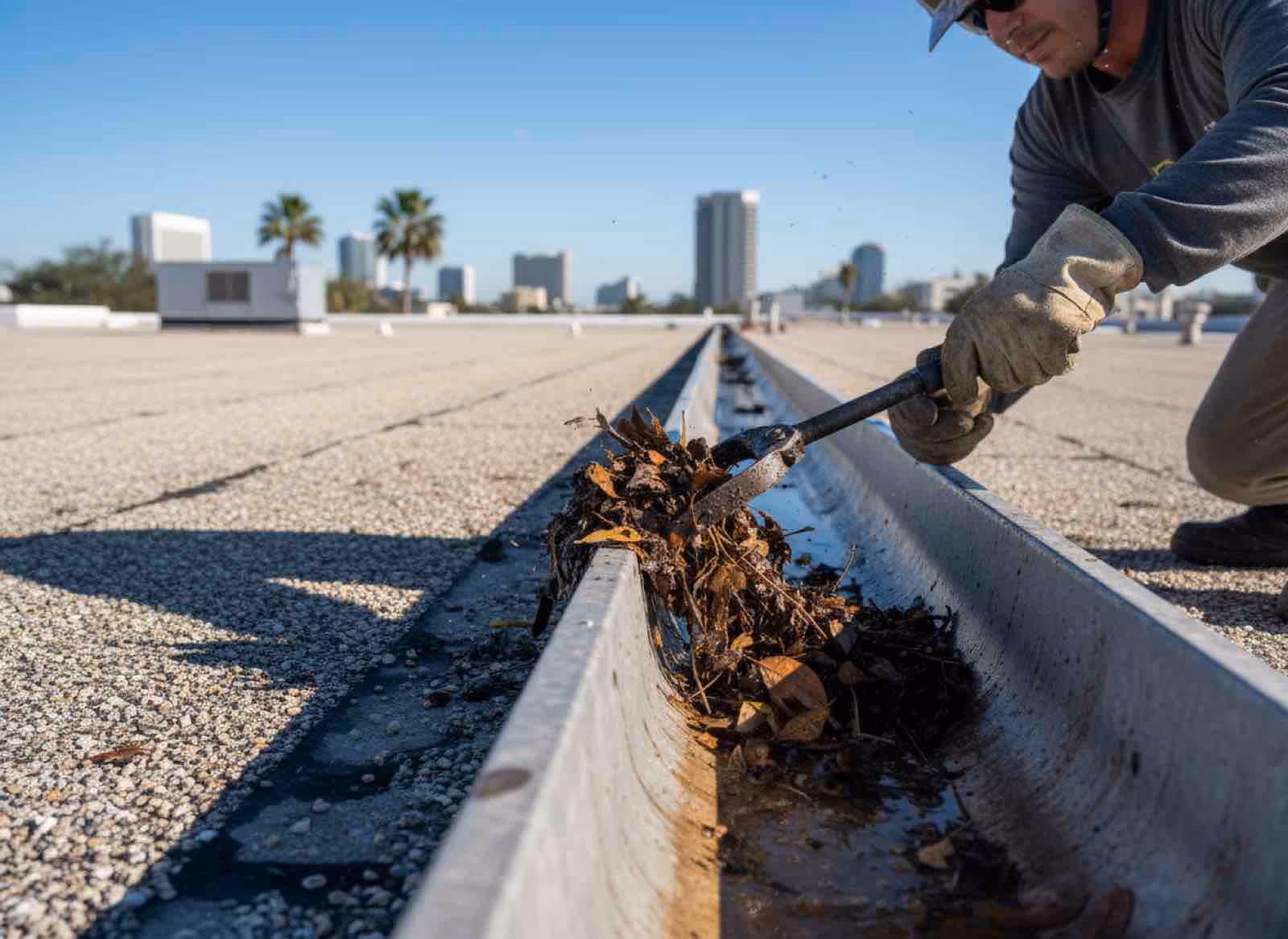 Commercial gutter cleaning crew using lift equipment to access warehouse gutters near I-4 corridor
