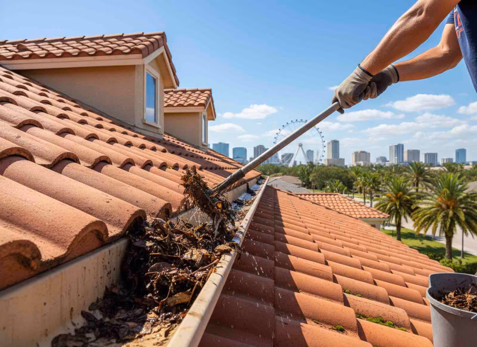 Gutter cleaning crew flushing downspouts with water to restore proper drainage at Florida property