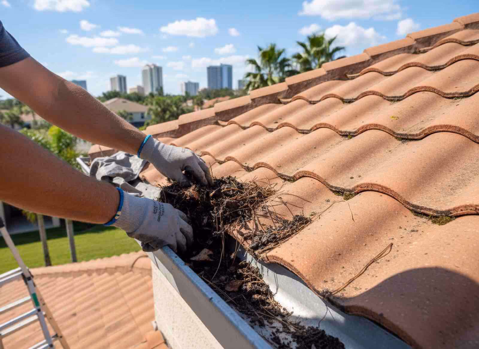 Expert gutter cleaning service clearing clogged channels to prevent water damage near Lake Brantley