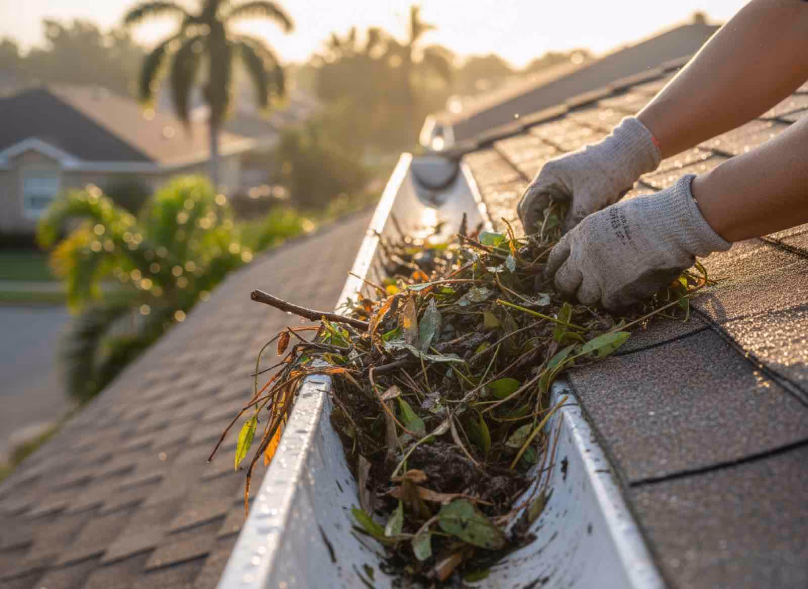 Professional crew removing packed pine needles and shingle grit during gutter debris removal service