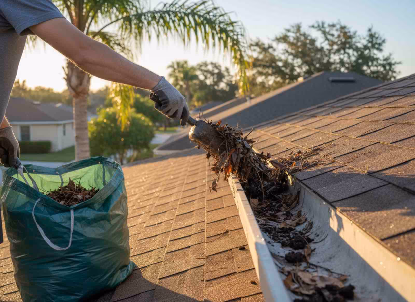 Technician performing gutter debris removal after hurricane season at Central Florida home