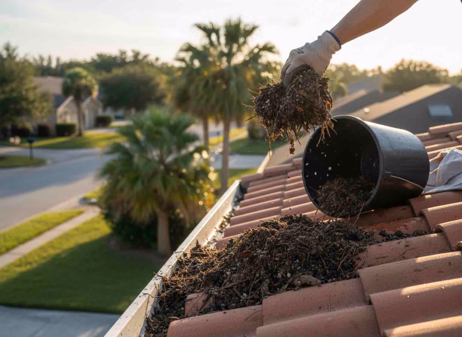 Gutter debris removal specialist clearing storm branches and oak leaves from residential gutters in Longwood