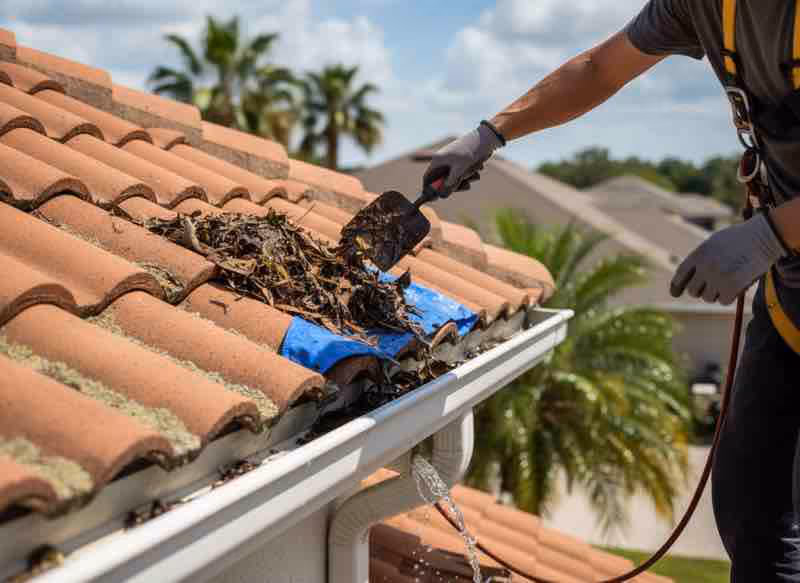 Gutter maintenance technician inspecting downspouts and checking for clogs at Longwood residential property