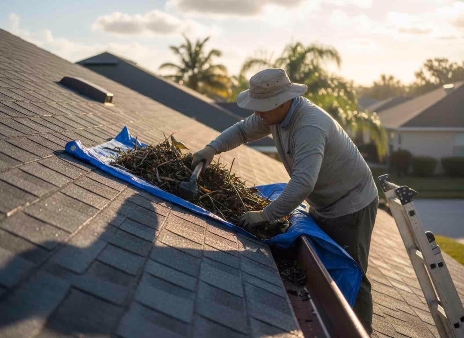 Technician examining gutter brackets and seals during preventive maintenance visit at Markham Woods property