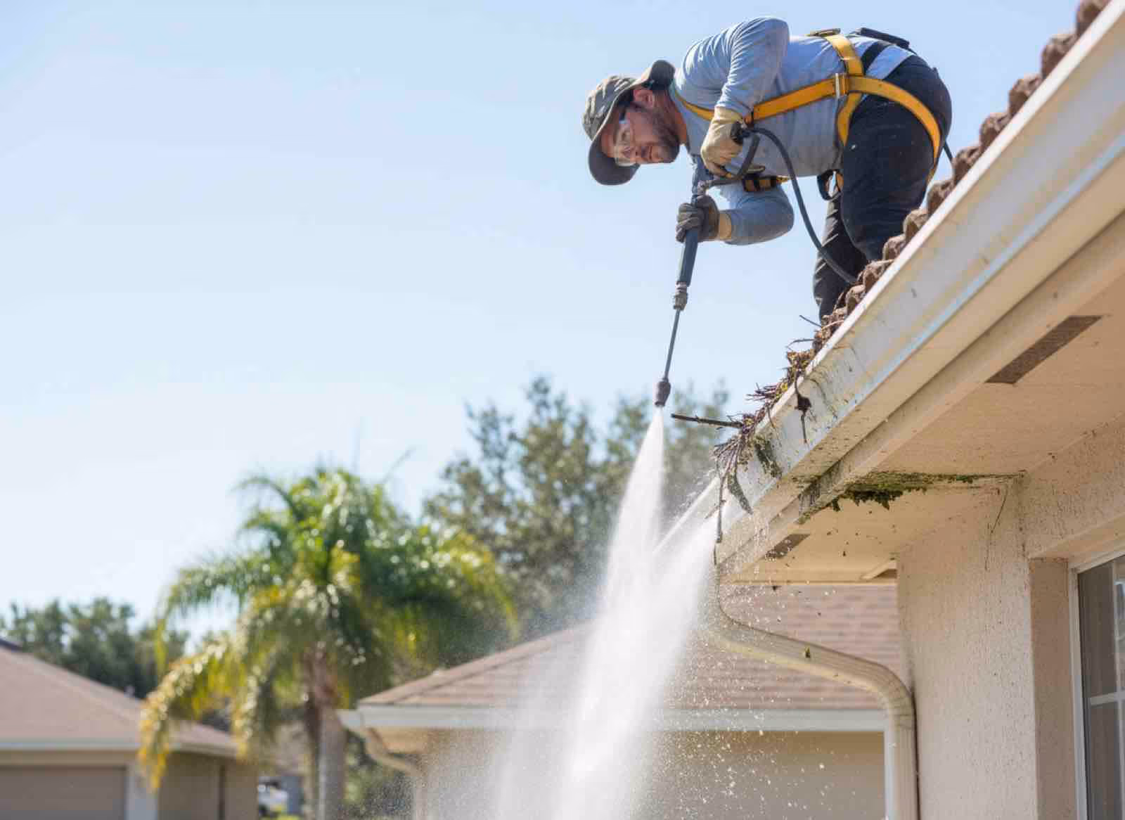 Technician performing roof gutter cleaning to prevent water damage to fascia boards and shingles