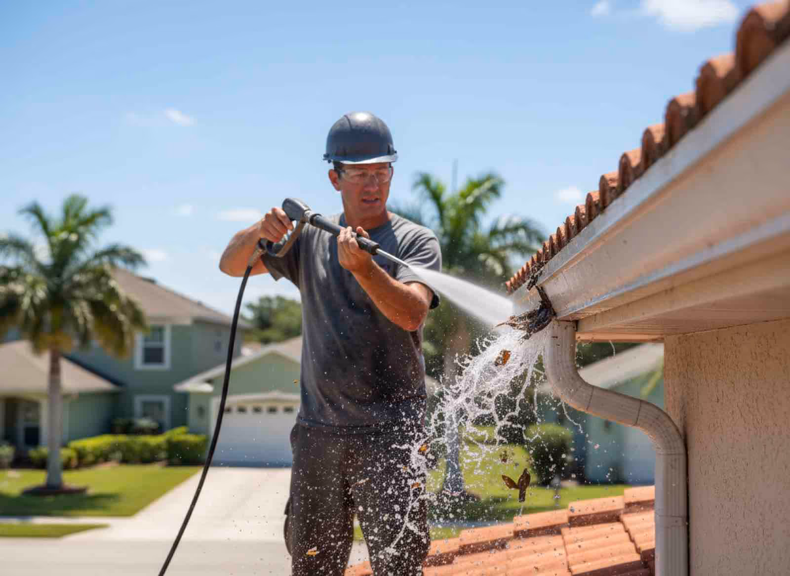 Roof gutter cleaning crew accessing upper-level gutters safely with ladder equipment at Seminole County property