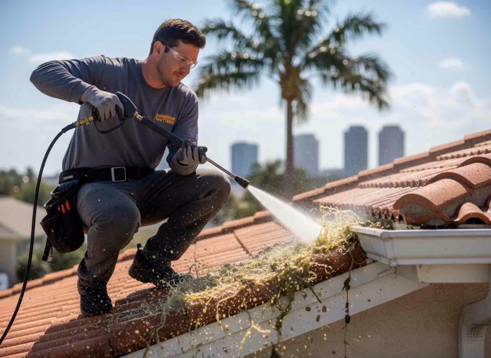 Professional roof gutter cleaning service clearing leaves from two-story home gutter system