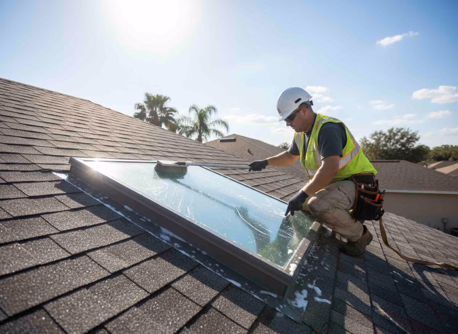 Rooftop skylight cleaning specialist treating glass panels with pH-balanced solutions at Central Florida property
