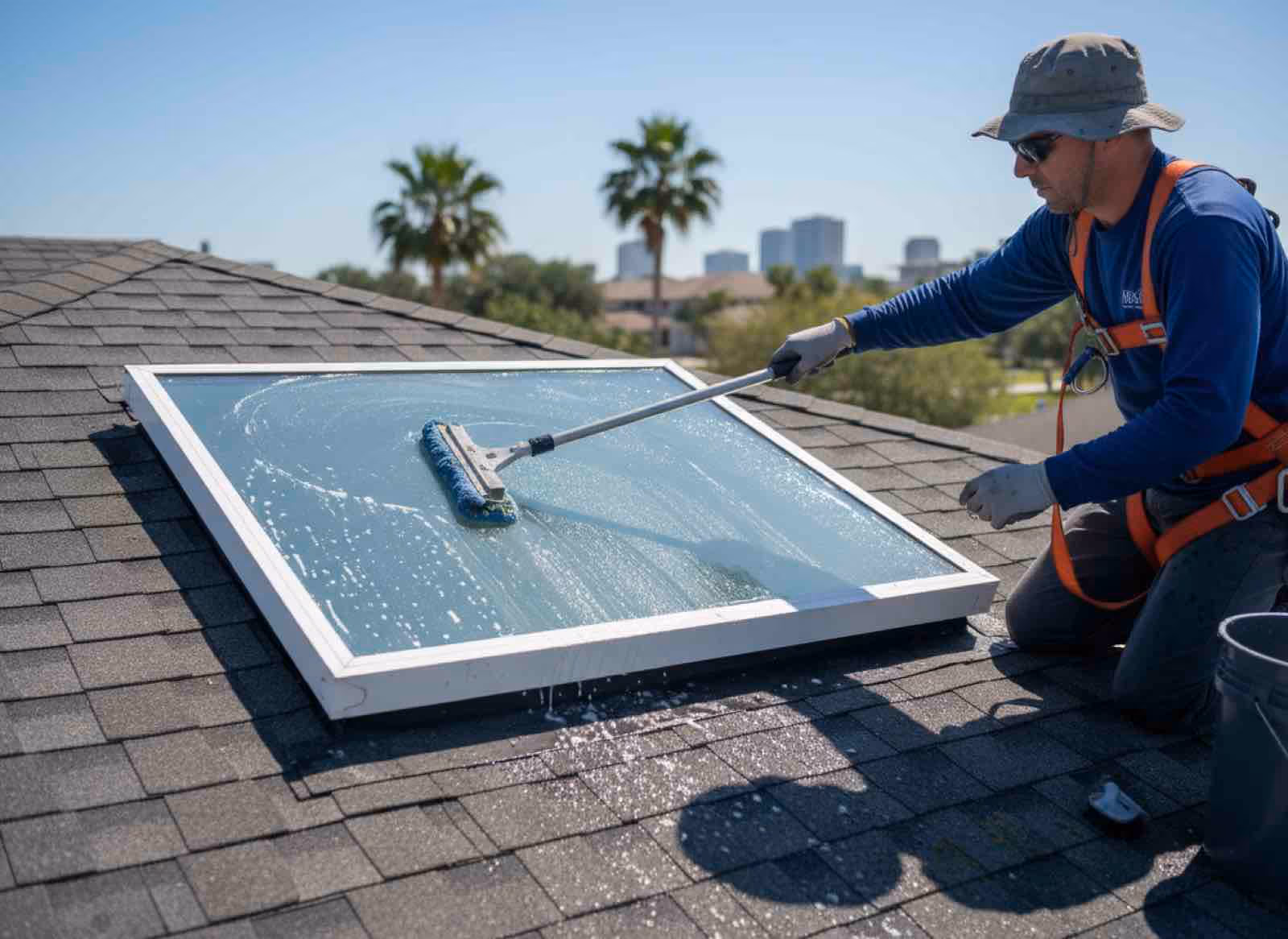 Professional rooftop skylight cleaning service restoring clarity to residential skylight panels
