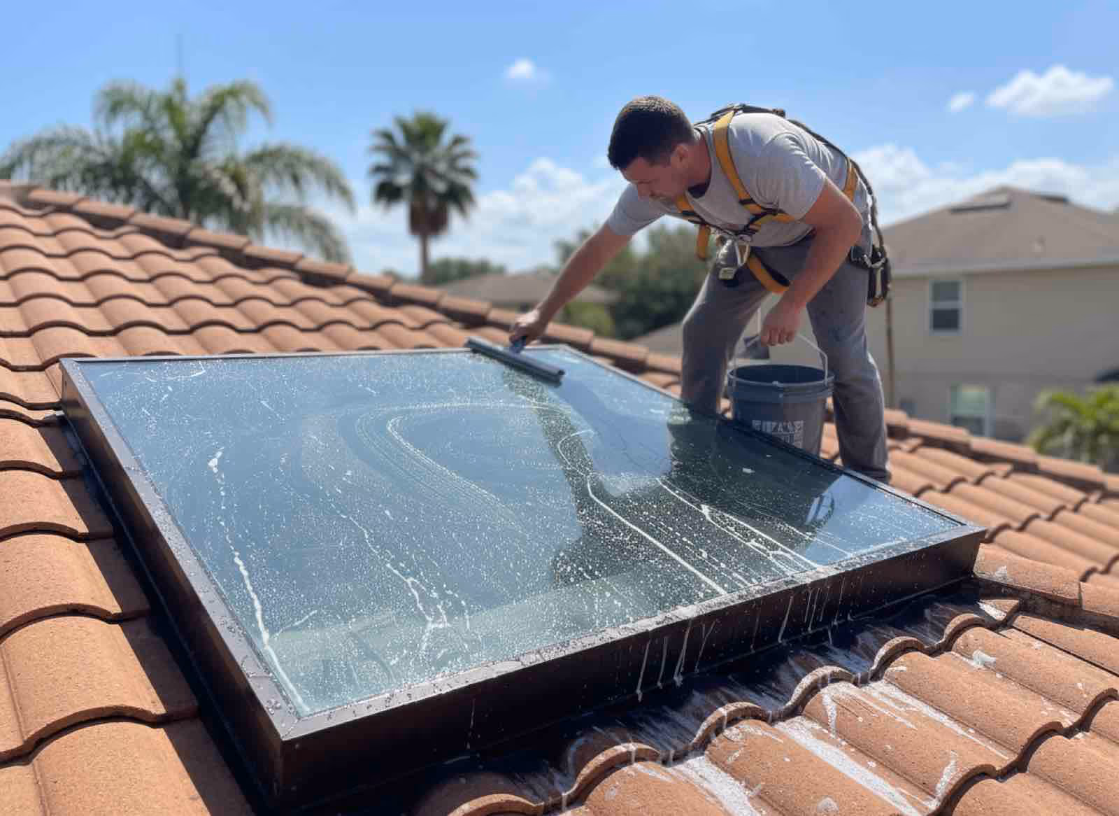 Rooftop skylight cleaning crew accessing roof-mounted skylights with safety equipment at Florida home