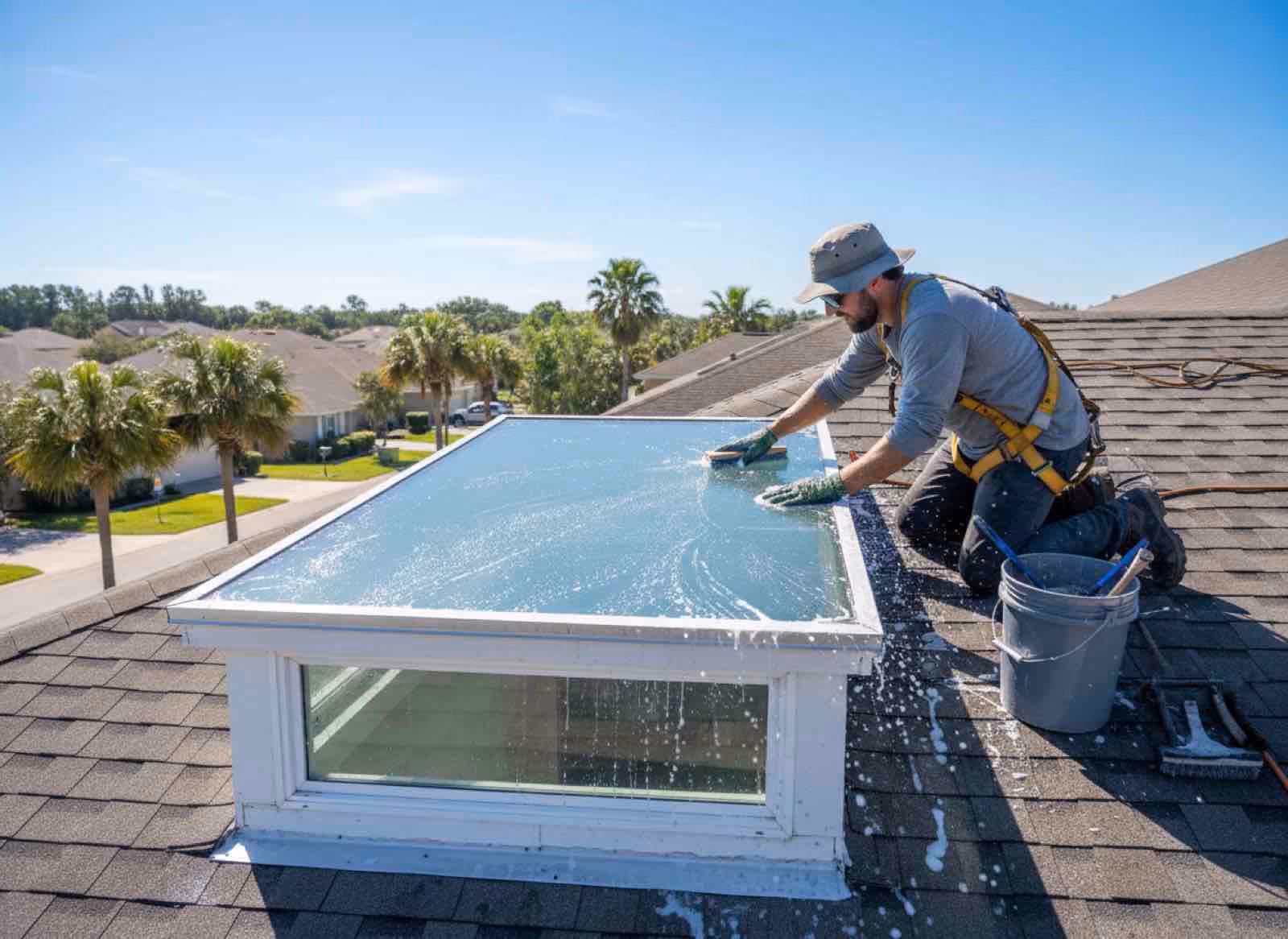 Technician performing rooftop skylight cleaning to remove hard water stains and pollen buildup