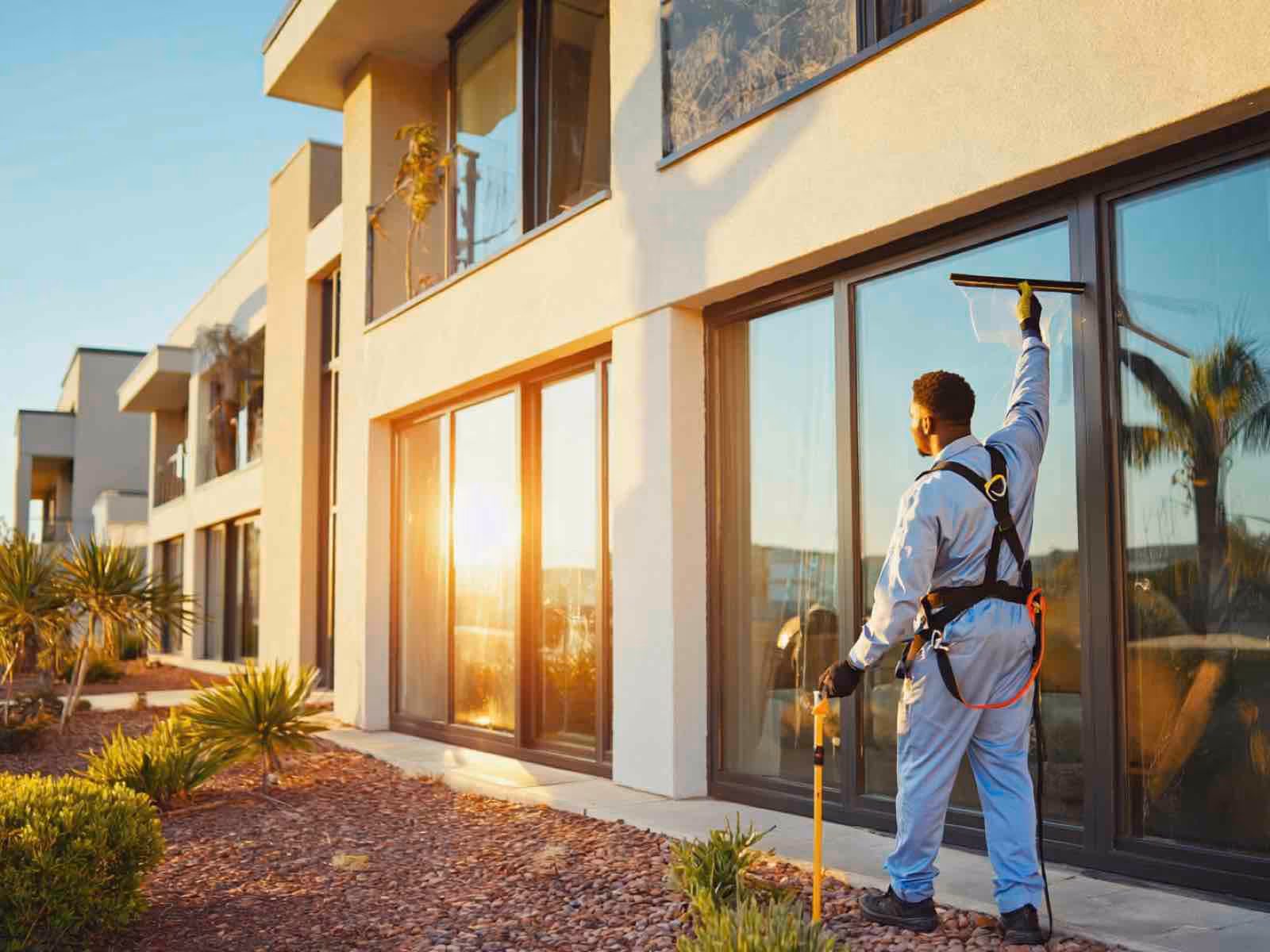 Apartment window cleaning specialist using deionized water system on tinted glass at residential complex
