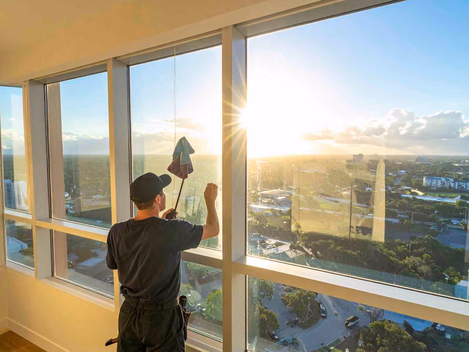 Technician performing apartment window cleaning on balcony glass without requiring interior access