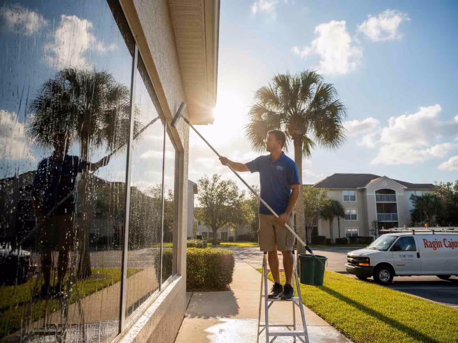 Professional apartment window cleaning service treating sliding glass doors at multi-unit complex in Longwood