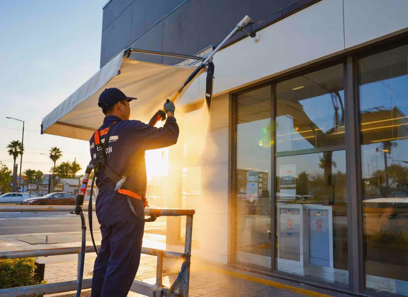 Awning cleaning technician applying soft wash solution to canvas awning at Longwood residential property