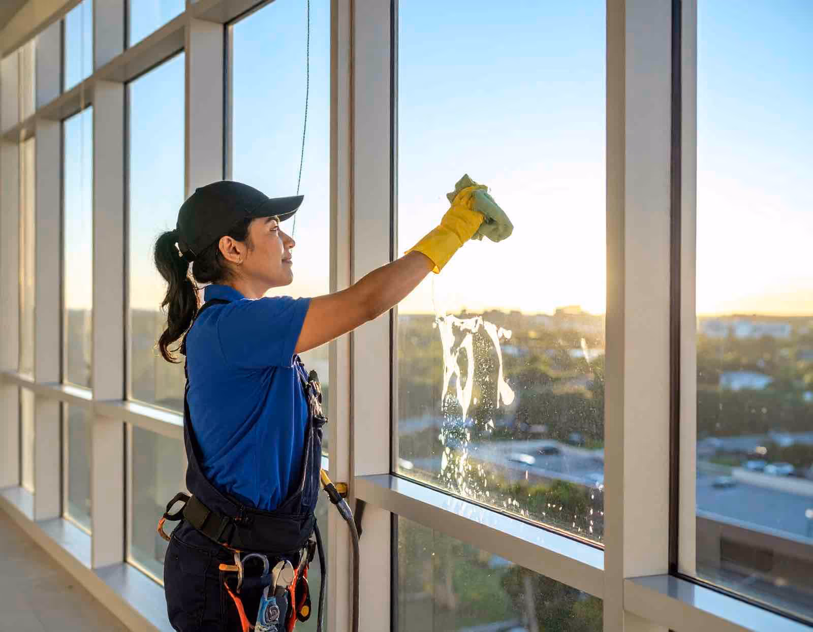 Technician performing commercial window cleaning on multi-story office building using extension poles