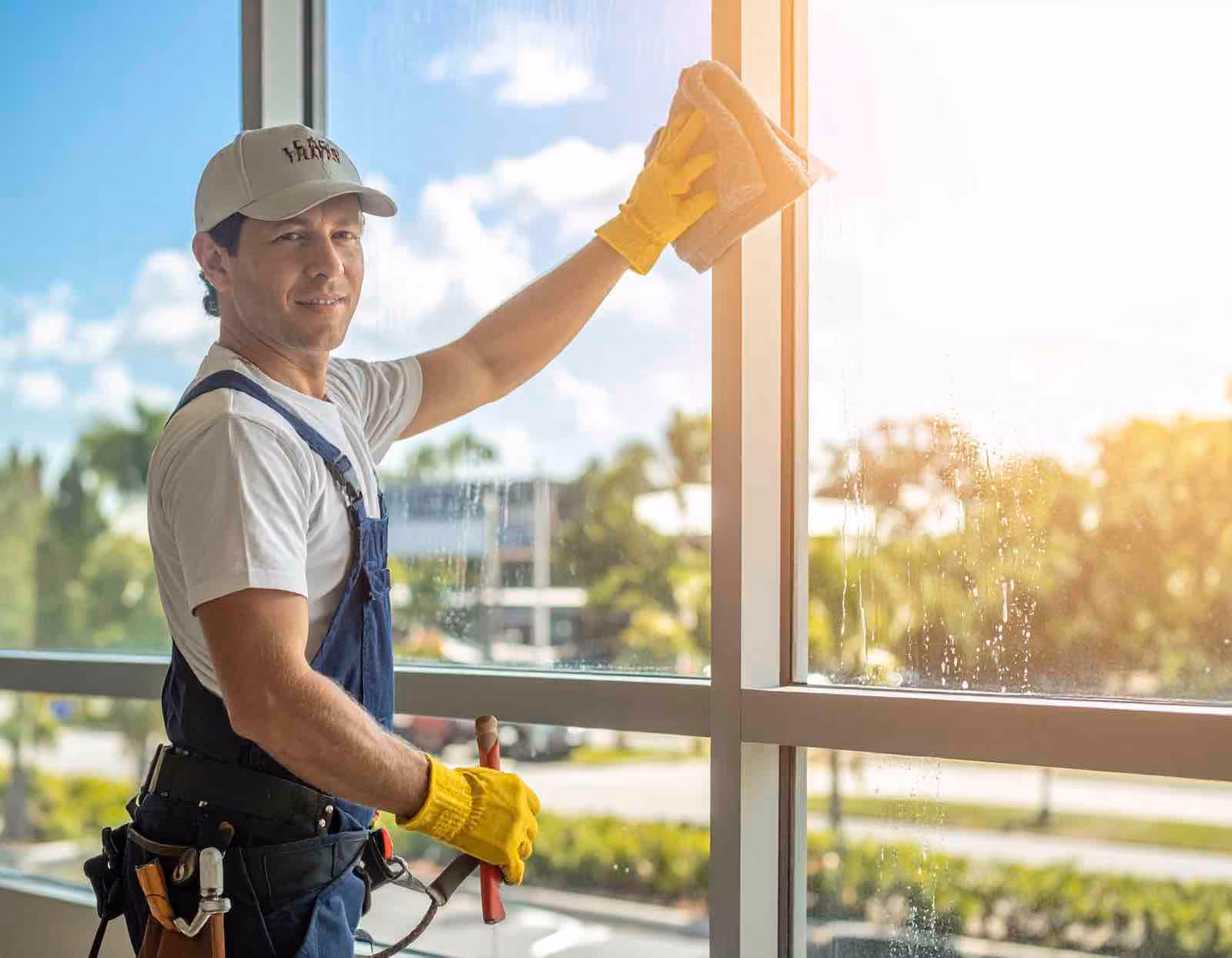Commercial window cleaning specialist removing streaks and hard water deposits from business entrance glass
