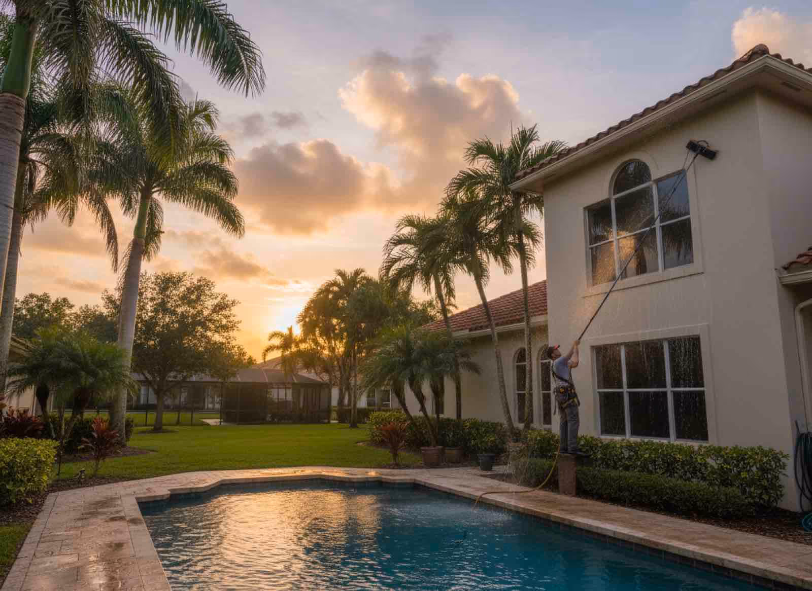 Exterior window cleaning specialist eliminating hard water spots and mildew from residential windows in Central Florida