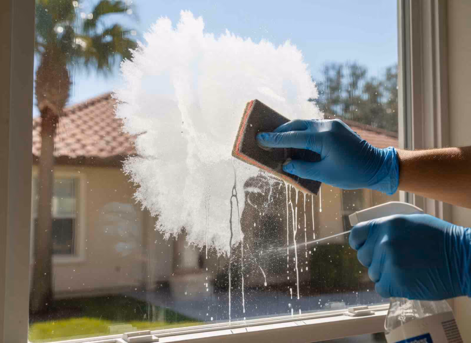 Close-up of hard water stain removal process eliminating mineral deposits from glass doors and exterior windows