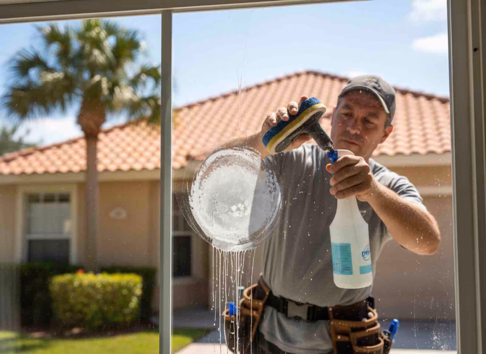Hard water stain removal service restoring clarity to residential windows and glass surfaces in Longwood Florida