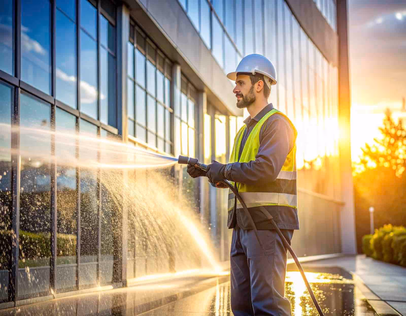 Professional office window cleaning crew on multi-story corporate building with spotless exterior glass results