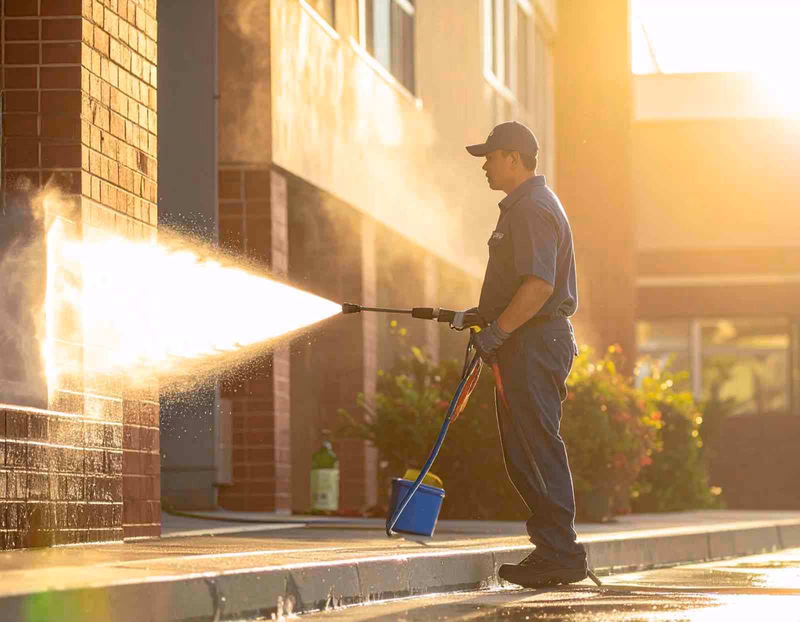 Before and after school window cleaning showing restored clarity on cafeteria and gymnasium windows