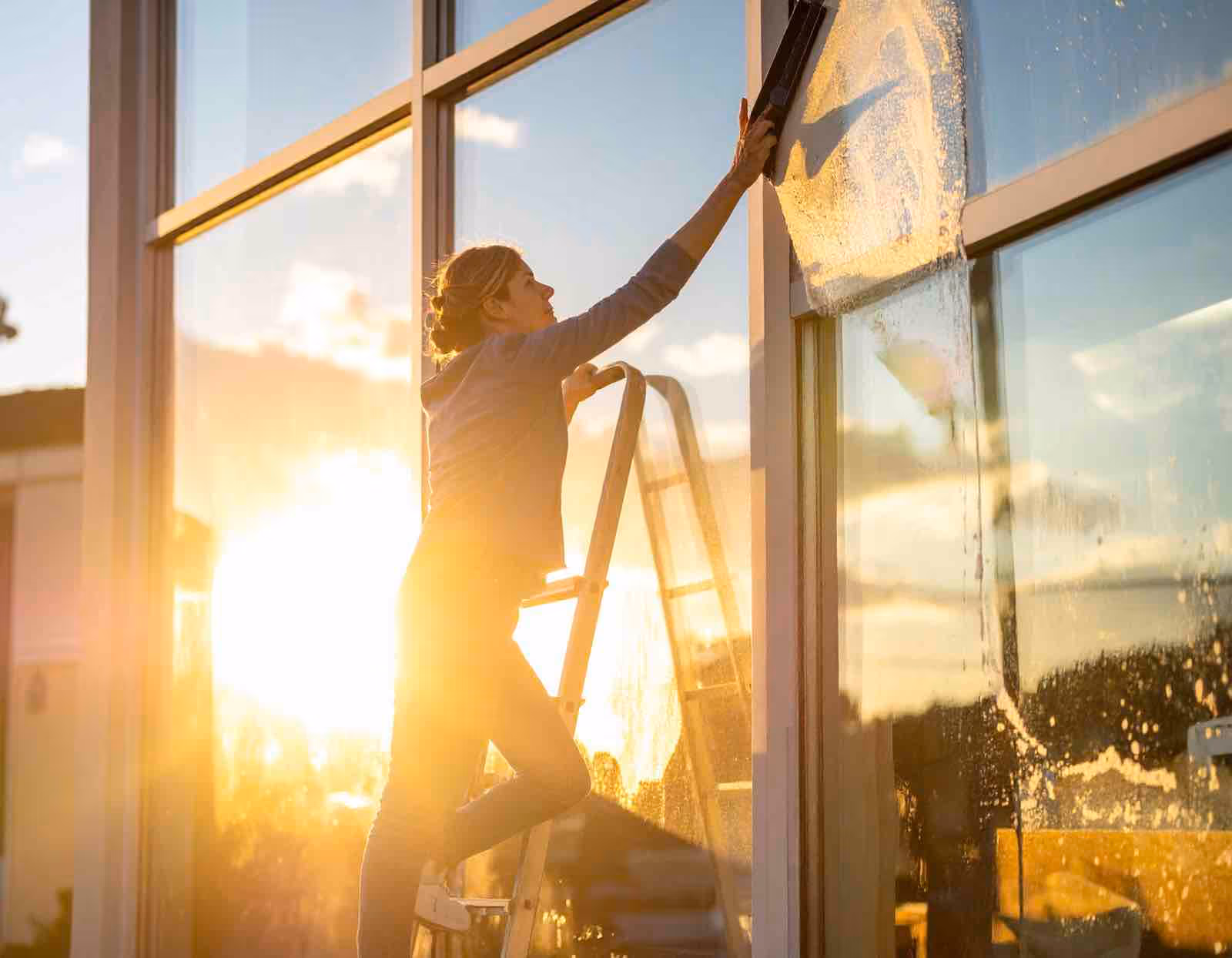 Technician performing window washing using squeegee technique on home windows and sliding glass doors