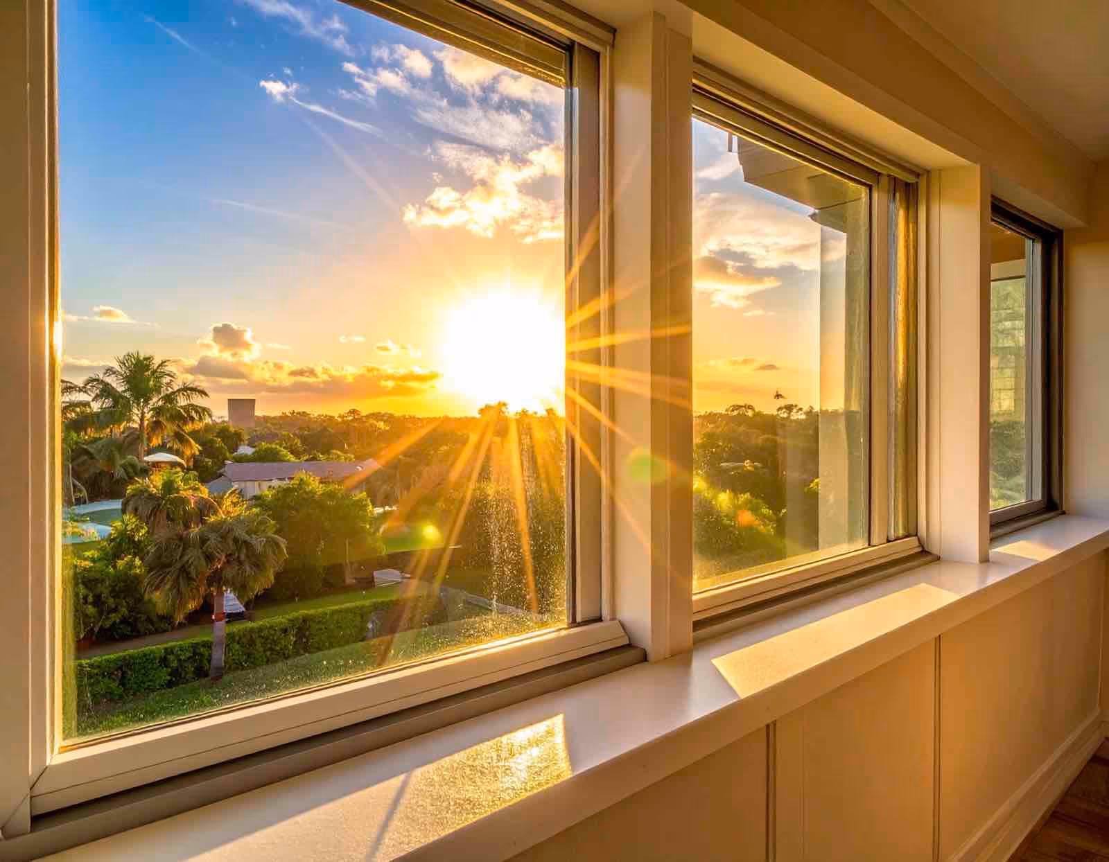 Technician performing residential window cleaning using water-fed pole system on upper story windows