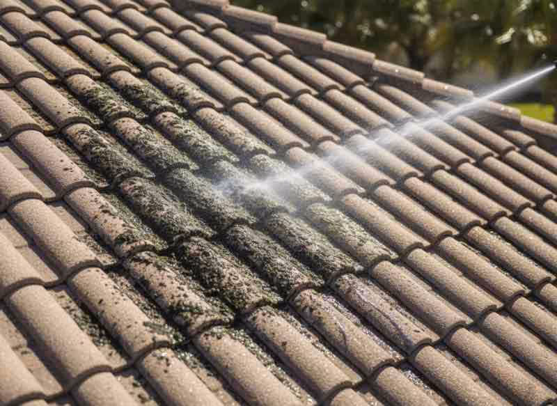 Close-up of roof soft washing process gently cleaning weather-stained shingles without damaging roofing materials