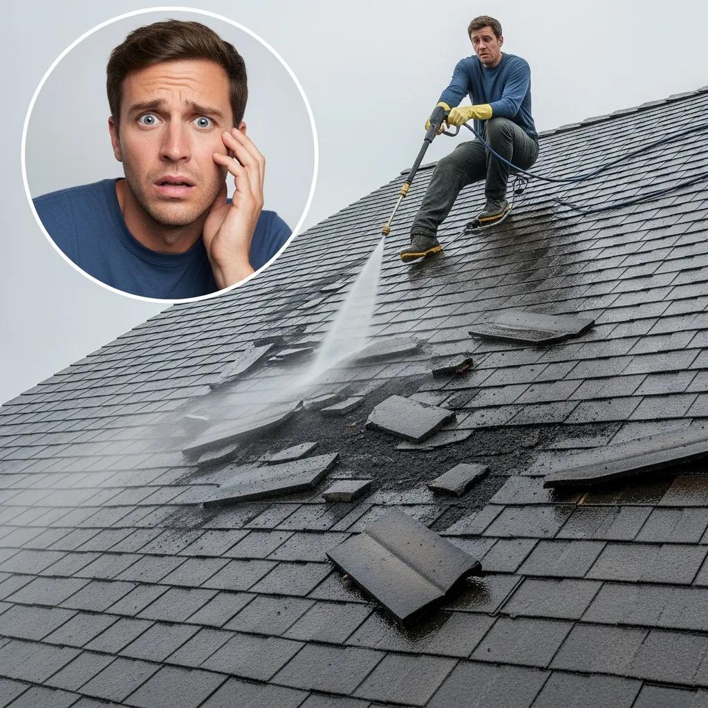 Homeowner using a pressure washer on a roof, illustrating risks from improper technique