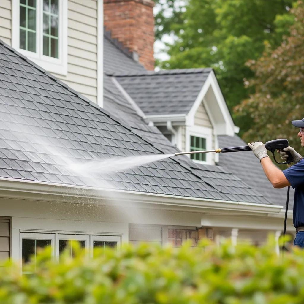 Technician gently cleaning a roof and siding using soft-wash methods to protect materials