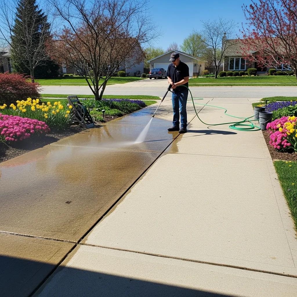 Pressure washing a driveway in spring, with fresh landscaping showing the ideal seasonal timing