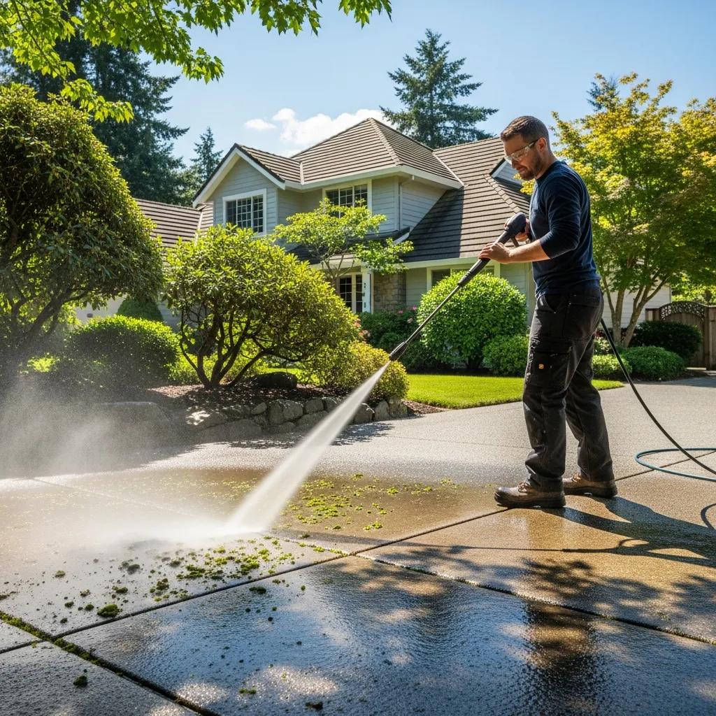 Technician cleaning a Longwood driveway, showing the washing process and refreshed surface