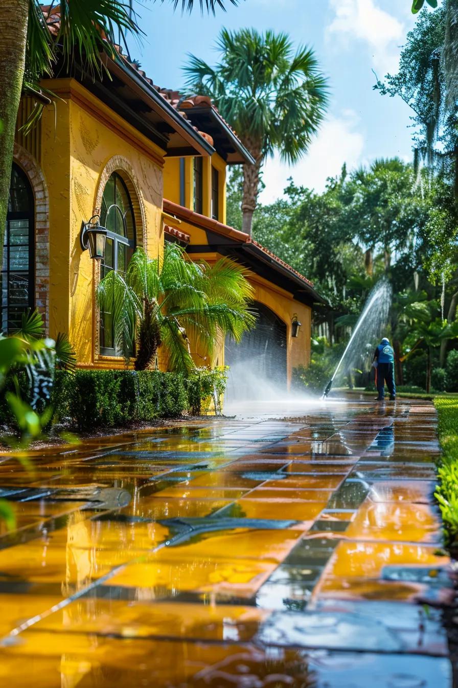 Ragin Cajun crew pressure washing a Longwood home with professional equipment and lush Florida landscaping
