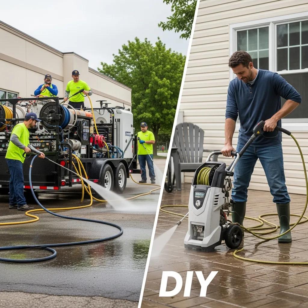 Side‑by‑side comparison of a professional pressure washing crew and a DIY homeowner showing differences in speed and gear