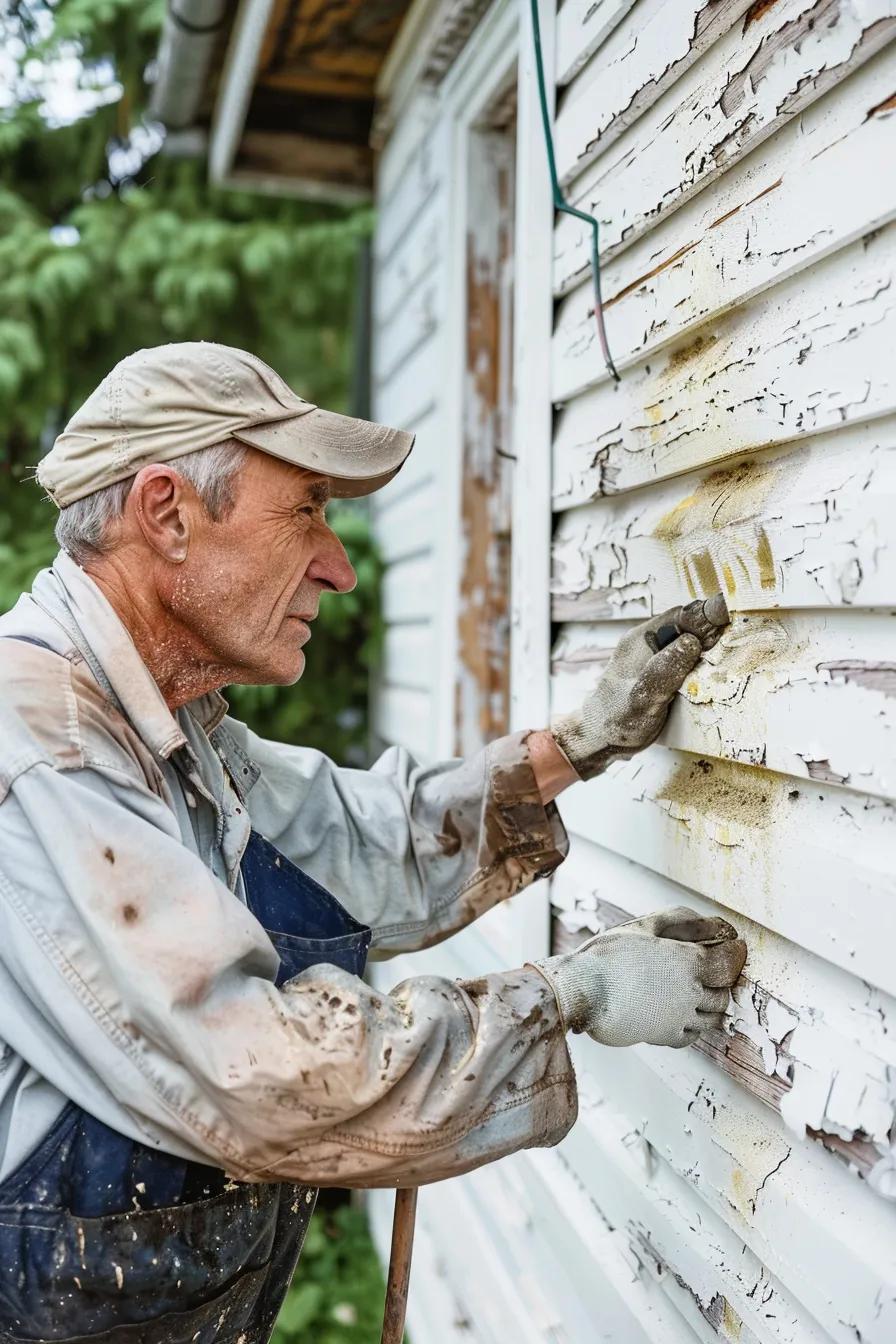 Homeowner checking exterior surfaces to prevent pressure-washing damage