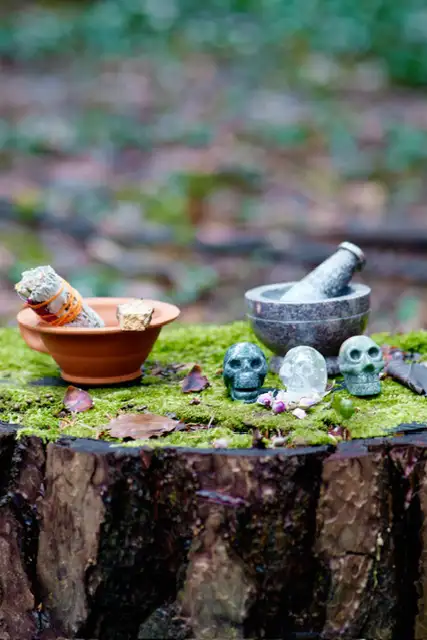 Three small skull-shaped stones and a mortar with a pestle on moss-covered tree stump outdoors.